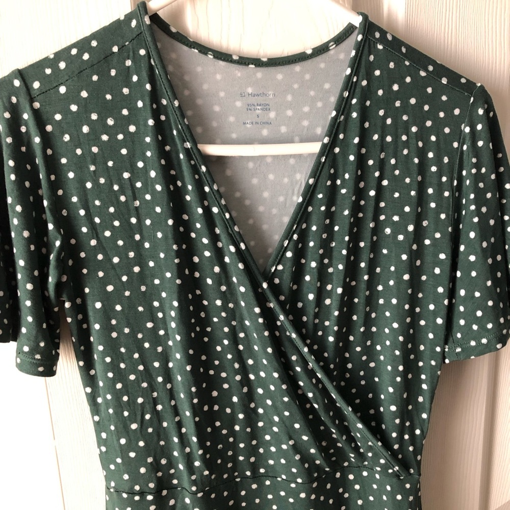 Green polka dot faux wrap dress